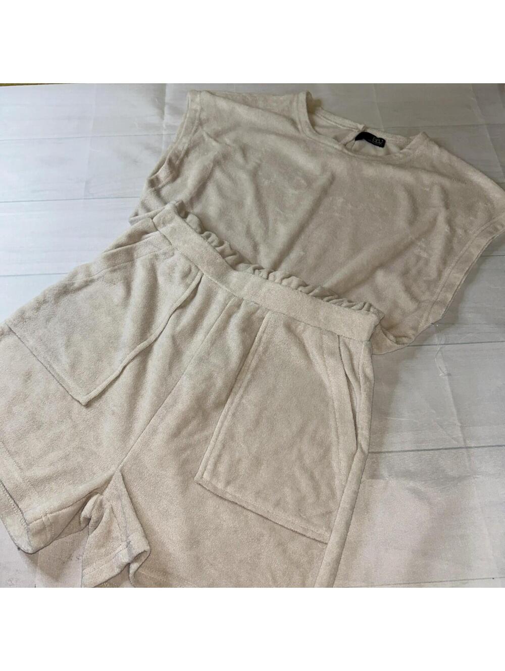 NWOT BBJ Terry Swim Coverup Shortalls Shorts Romper Cream Sz Small Beach Coverup